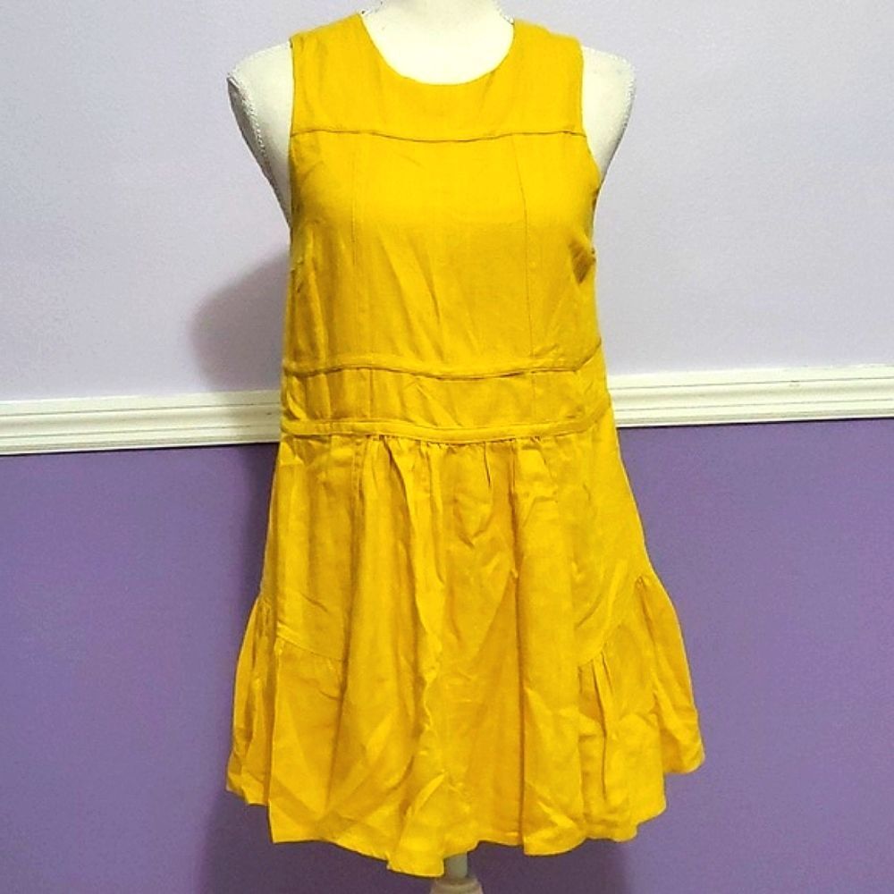 UO Boho 90s Mustard Yellow Pleated Tiered Linen Blend Boxy Mini Dress XS